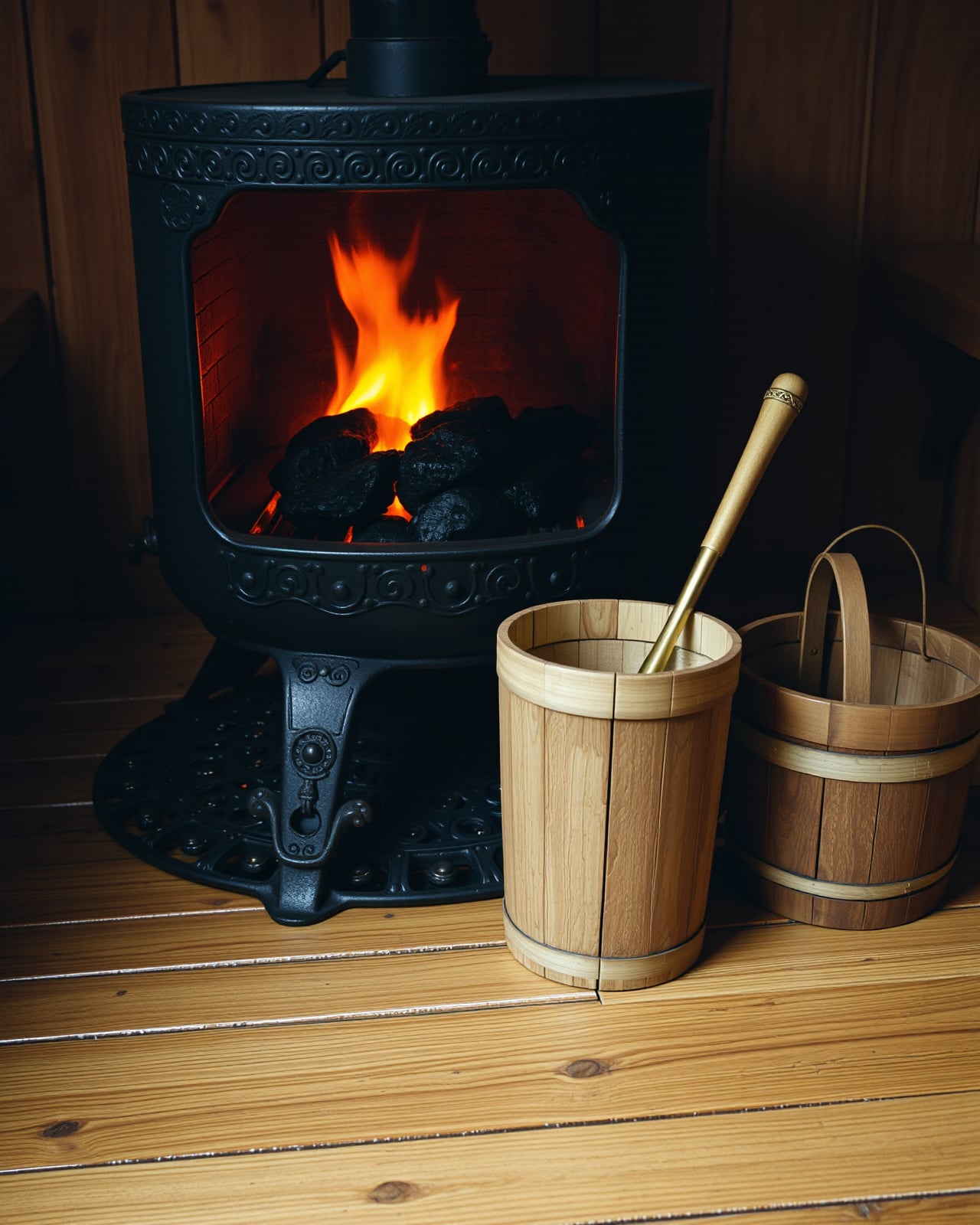 A cast-iron wood-burning stove with flames behind its door on a black hearth plate, beside a wooden löyly bucket with a brass-handled ladle and a smaller pail on the cedar-plank floor.