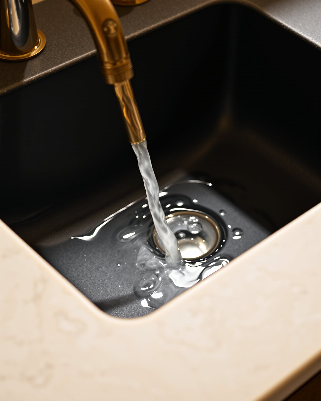 A dark honed-stone cold-plunge basin with a short brass spout, the water surface catching candlelight as faint steam rises over a cream-marble coping edge.