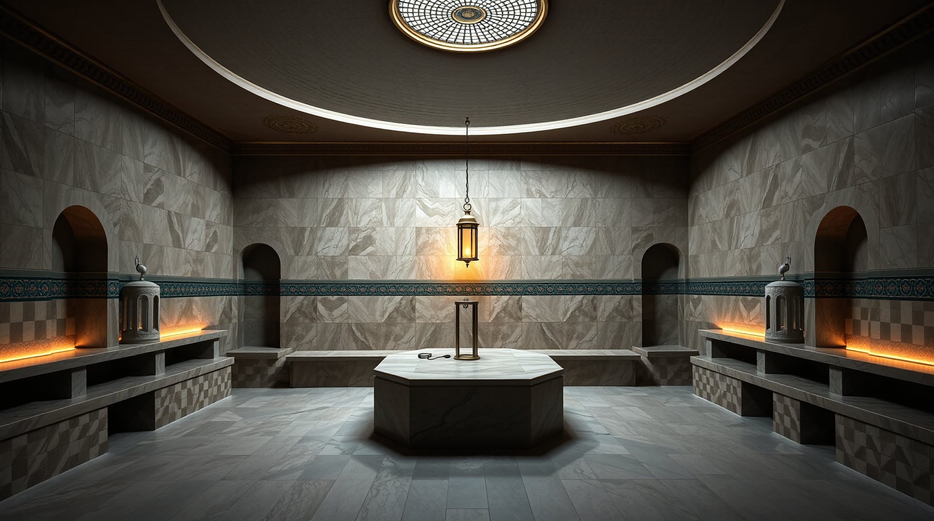 The domed steam chamber — a hexagonal Calacatta göbek taşı centered under a hanging lantern, arched wash niches with lanterns along the marble walls, a patterned medallion set in the dome.