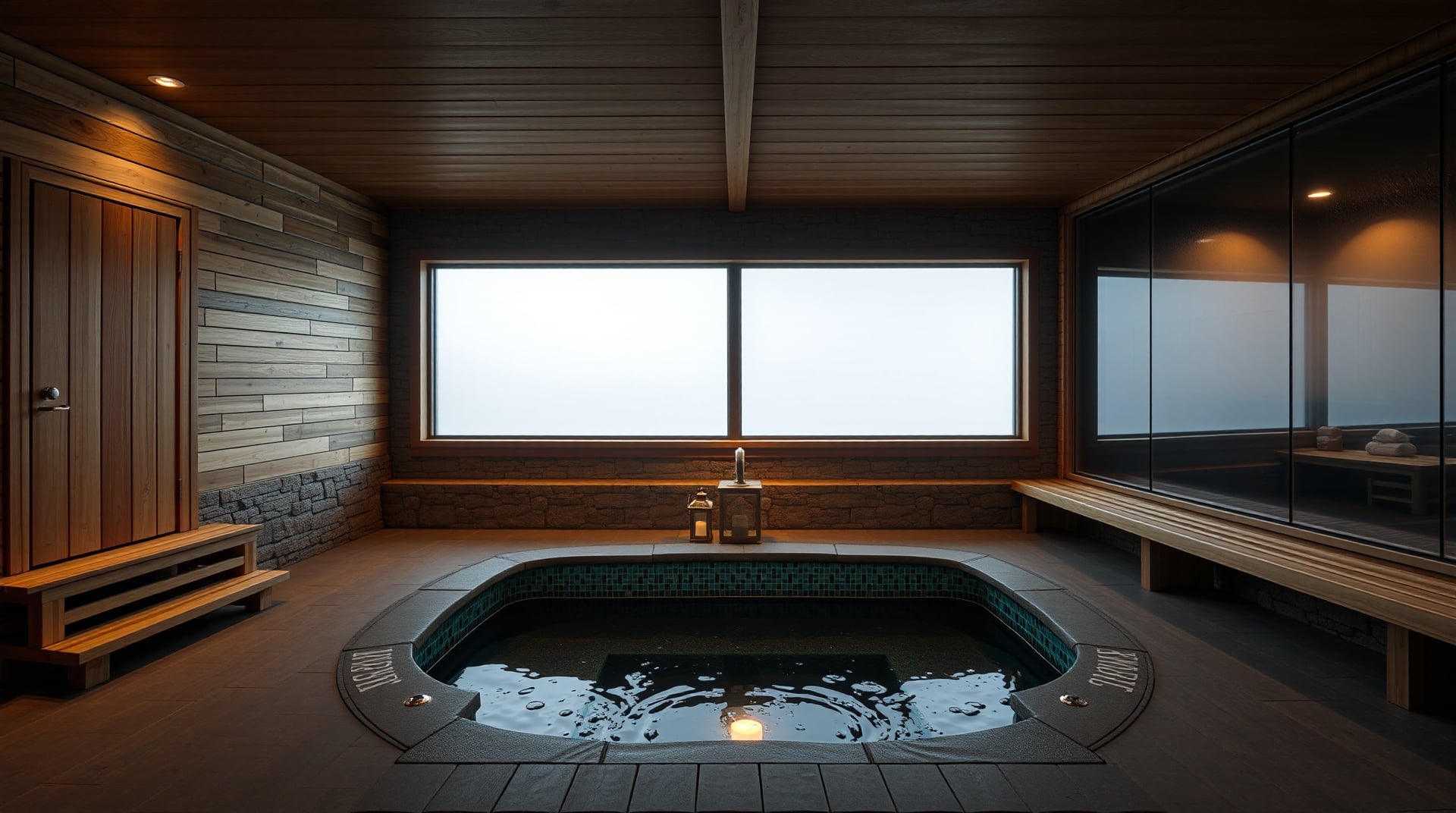 Wide view of the pavilion's hot-cold circuit — a cedar sauna door, a fogged steam-room glass wall, a central cold plunge with jewel-teal mosaic, and low cedar benches between fieldstone walls.