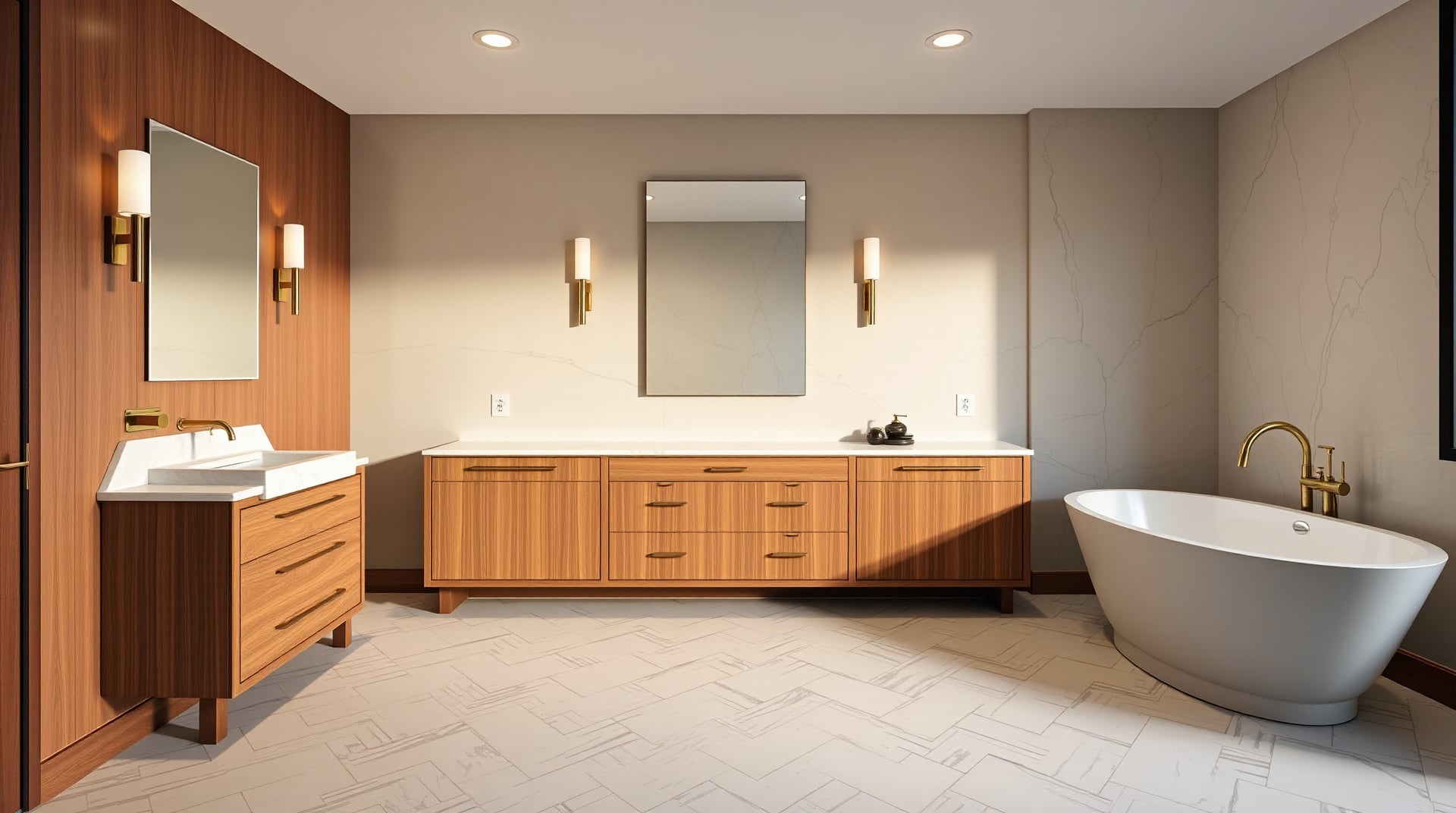 Wide view of the bathing suite — a long walnut vanity with a honed marble counter and slim brass sconces, a tall mirror, and the freestanding soaker beyond, over a heated herringbone marble floor.