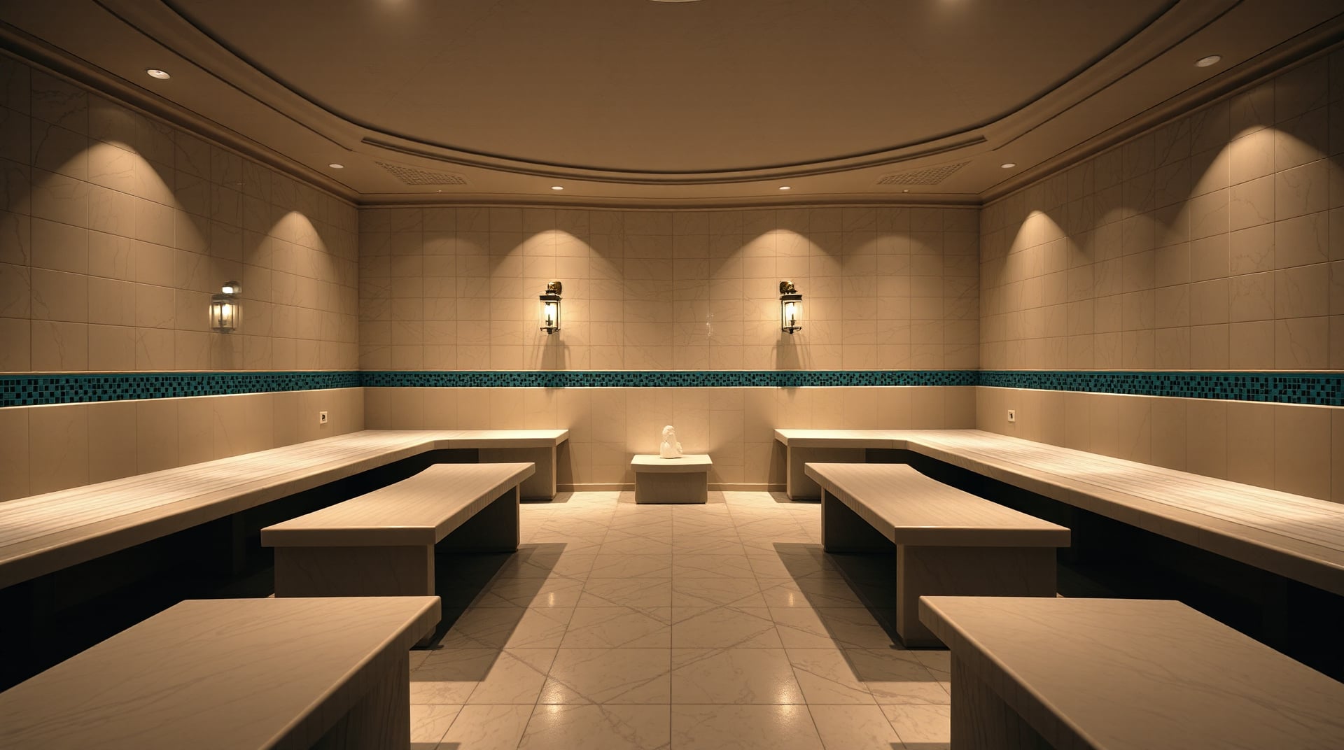 Wide view of the thermal lounge — two facing rows of contoured heated-marble benches under a low domed ceiling, jewel-teal mosaic banding and brass lanterns, faint steam at floor level.