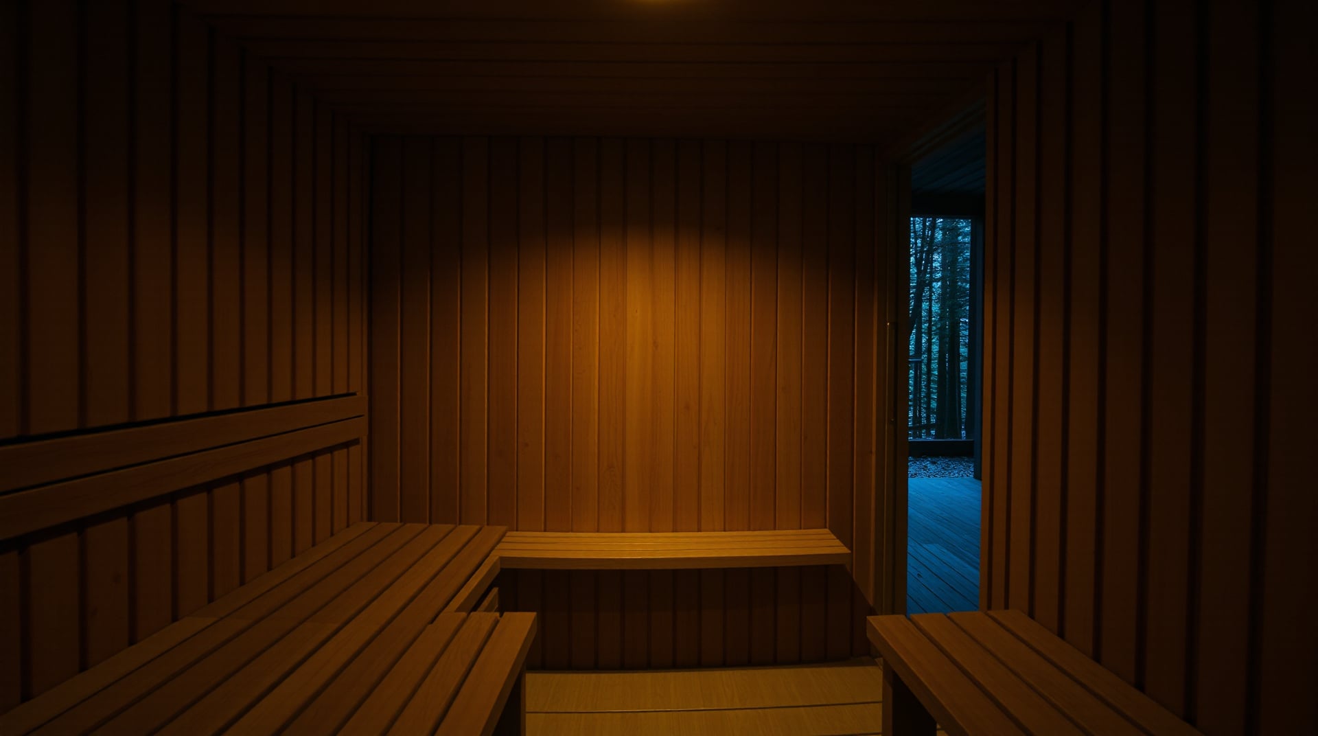 The dim löyly room — tiered honey-toned aspen benches around the walls, warmly lit, with an open doorway onto a dark forest deck at dusk.