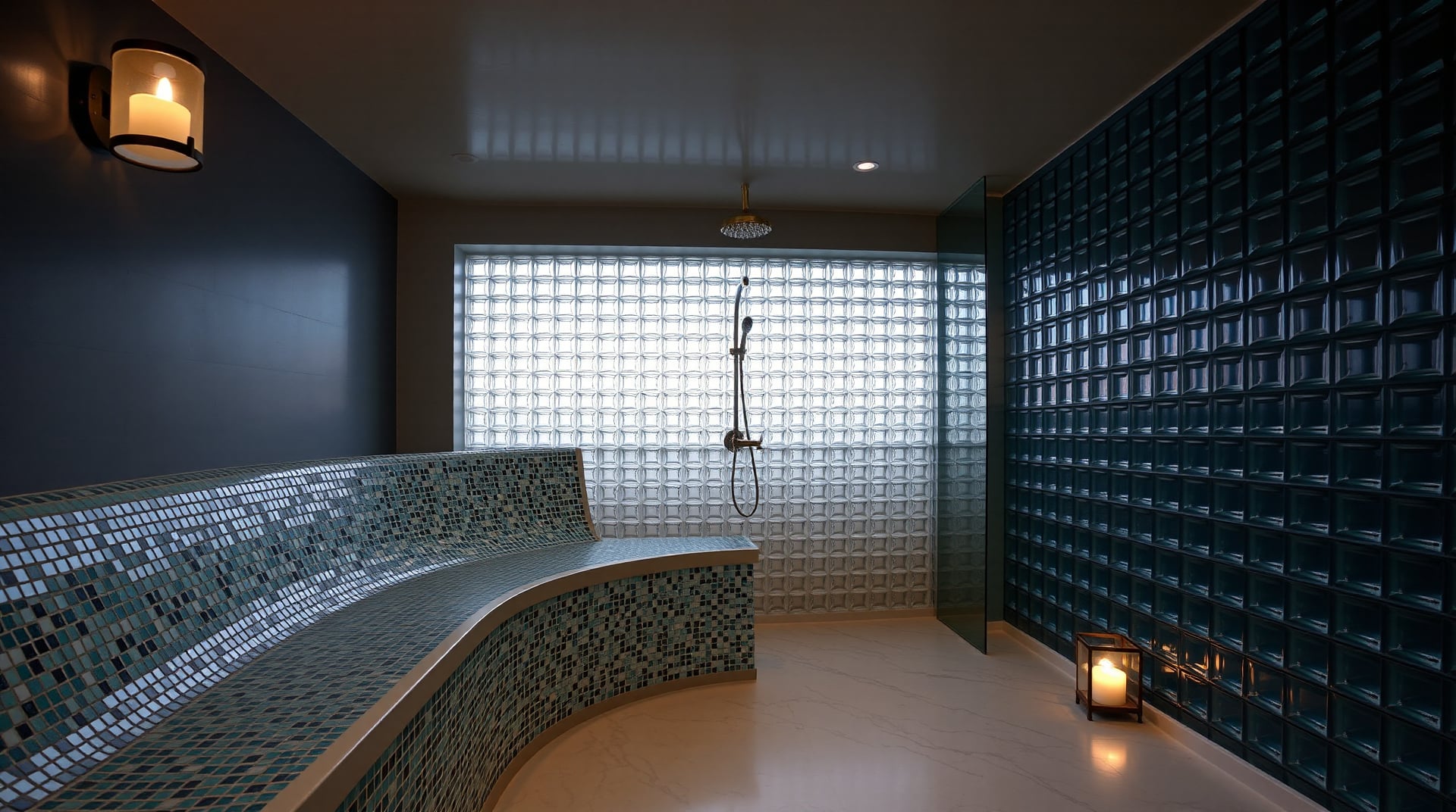 The steam suite interior — a curved seaglass-mosaic bench wrapping the room toward a glass-block wall and brass rain head, lit by a single candle sconce and a floor lantern.