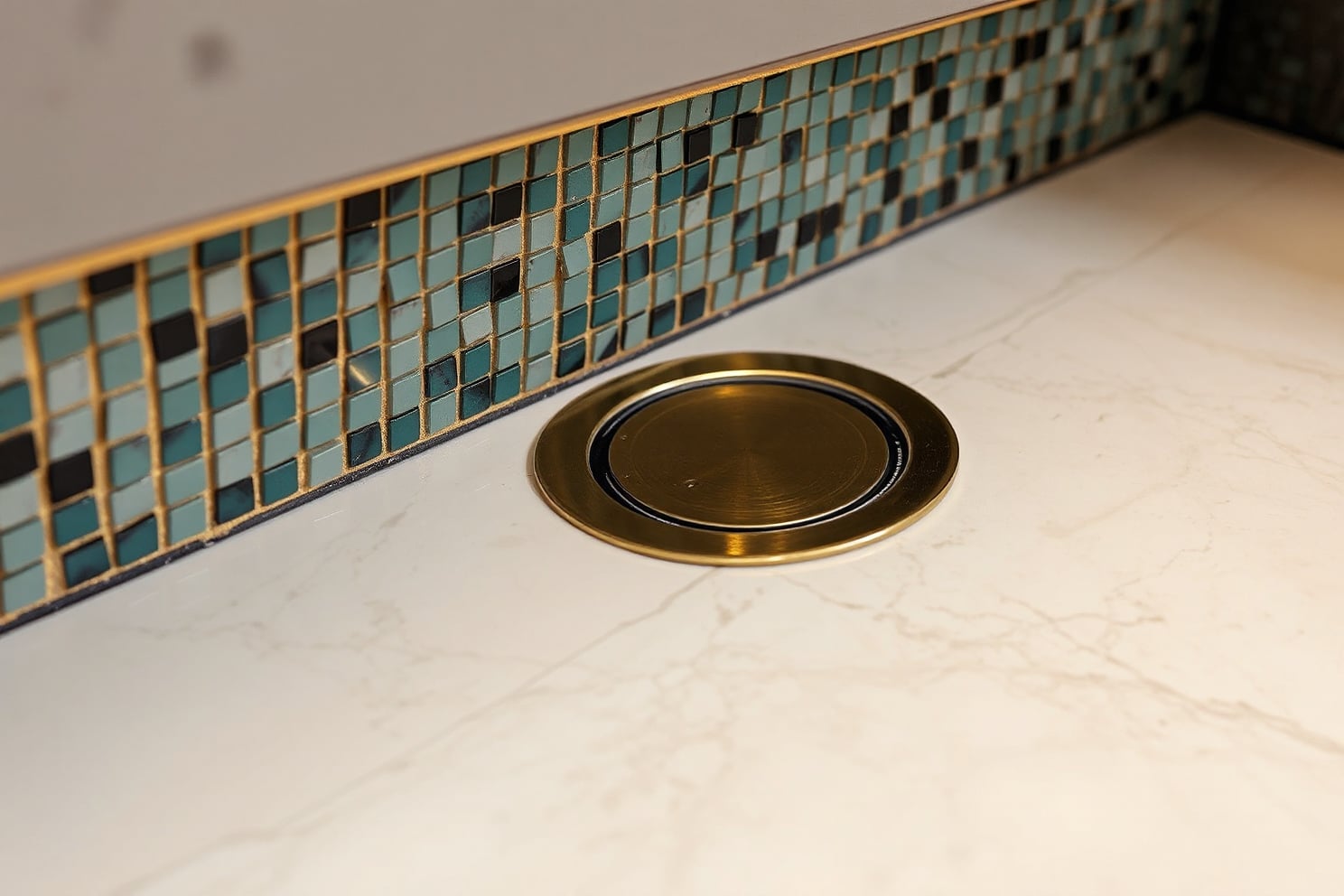 Detail of seaglass mosaic tile meeting a white marble surface, with a round brushed-brass drain set flush into the stone.