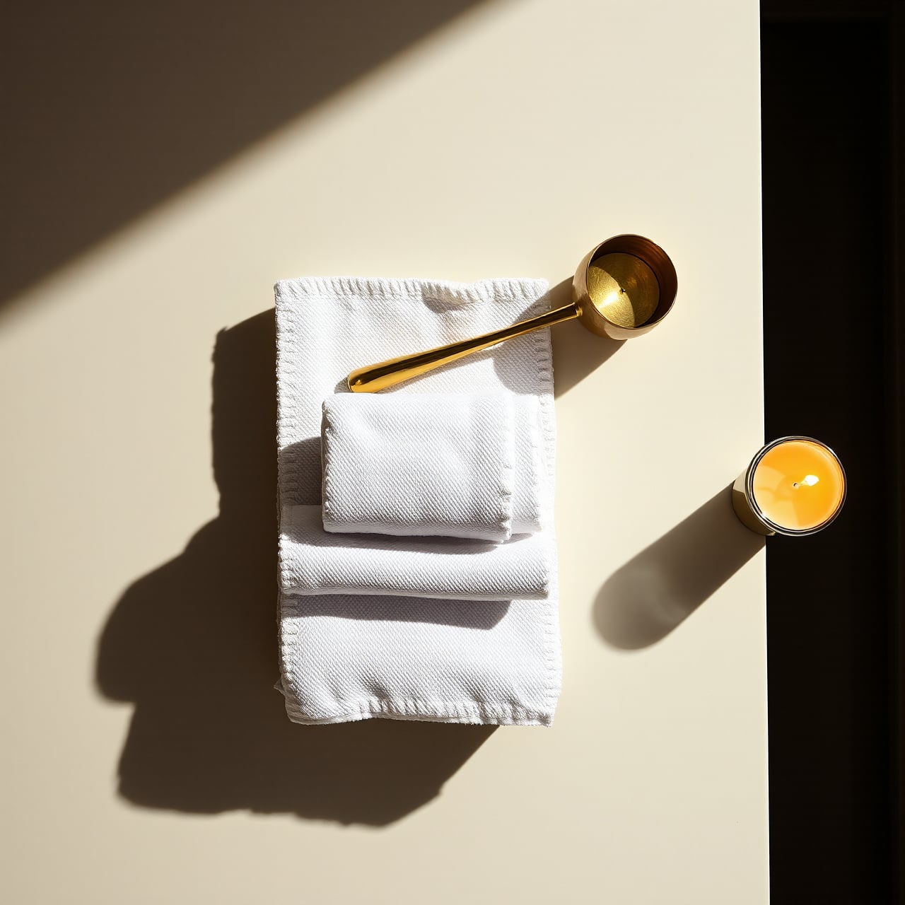 Three rolled white linen towels and a hand-hammered brass water dipper on a marble ledge, beside a single lit candle.