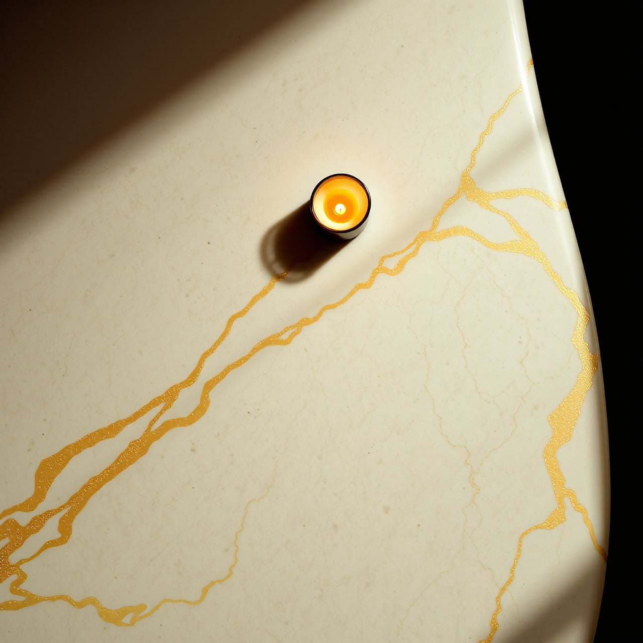 Overhead detail of a heated-marble bench surface with flowing gold veining, a single lit candle resting at its edge.
