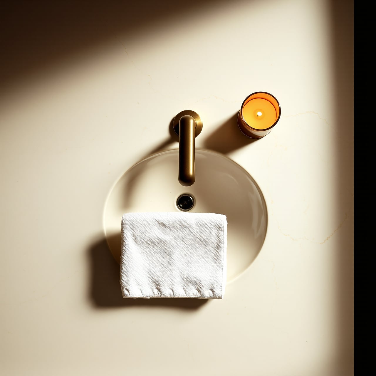 Overhead of the marble vanity counter — a single brass faucet, a folded white linen towel, and one lit candle on the gold-veined stone.