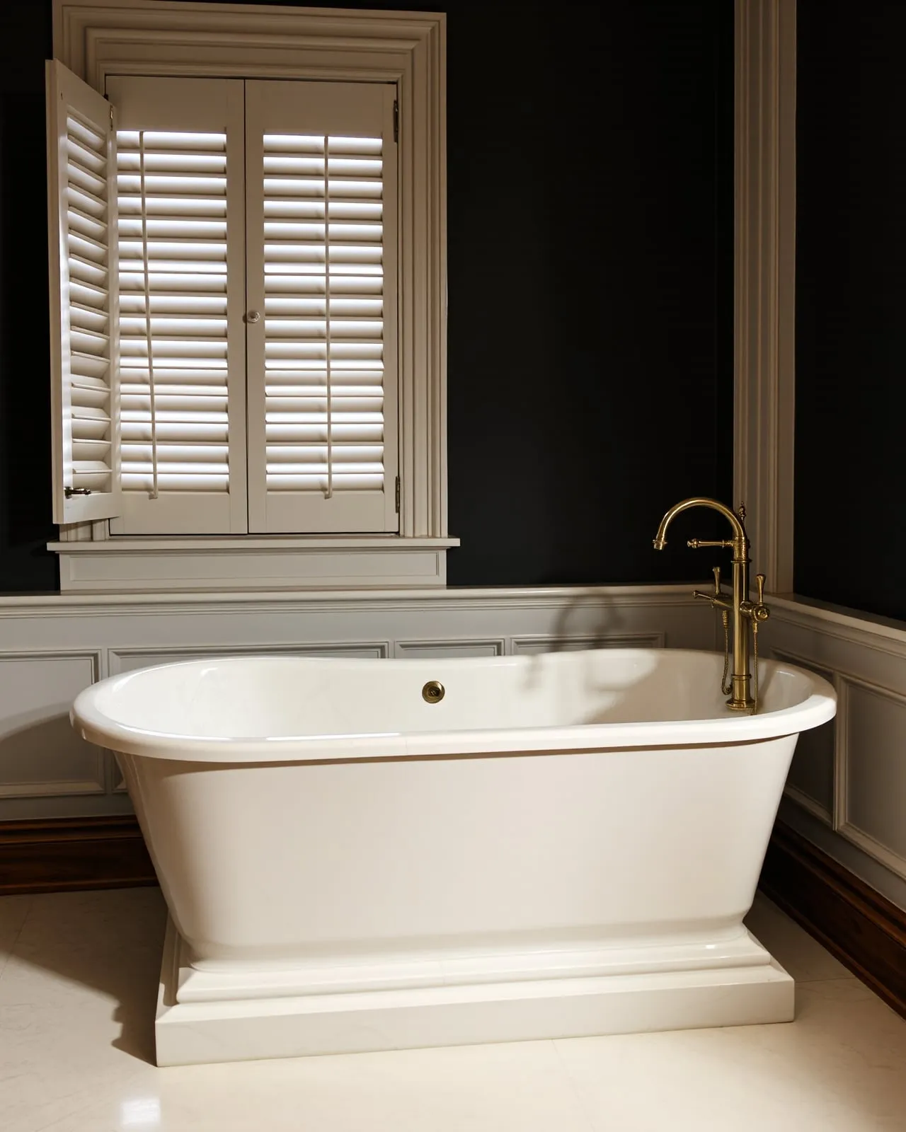 A freestanding cream-marble soaker tub on a book-matched marble plinth in a restored Brooklyn Heights brownstone bathing suite, a polished brass floor filler and walnut millwork warm in candlelight