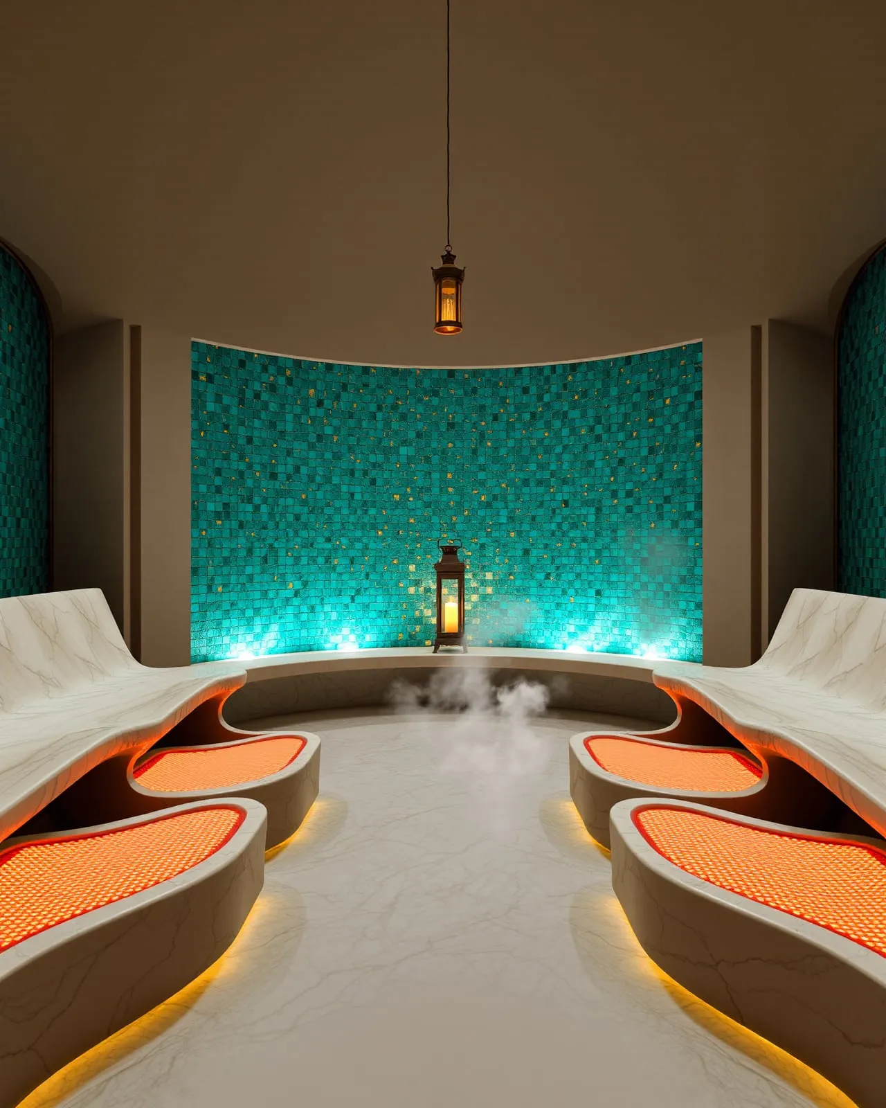 A thermal seating lounge in Greenwich — long contoured heated-marble loungers along a jewel-teal mosaic wall under a low dome, lit by warm pools of candlelight with faint steam at the floor