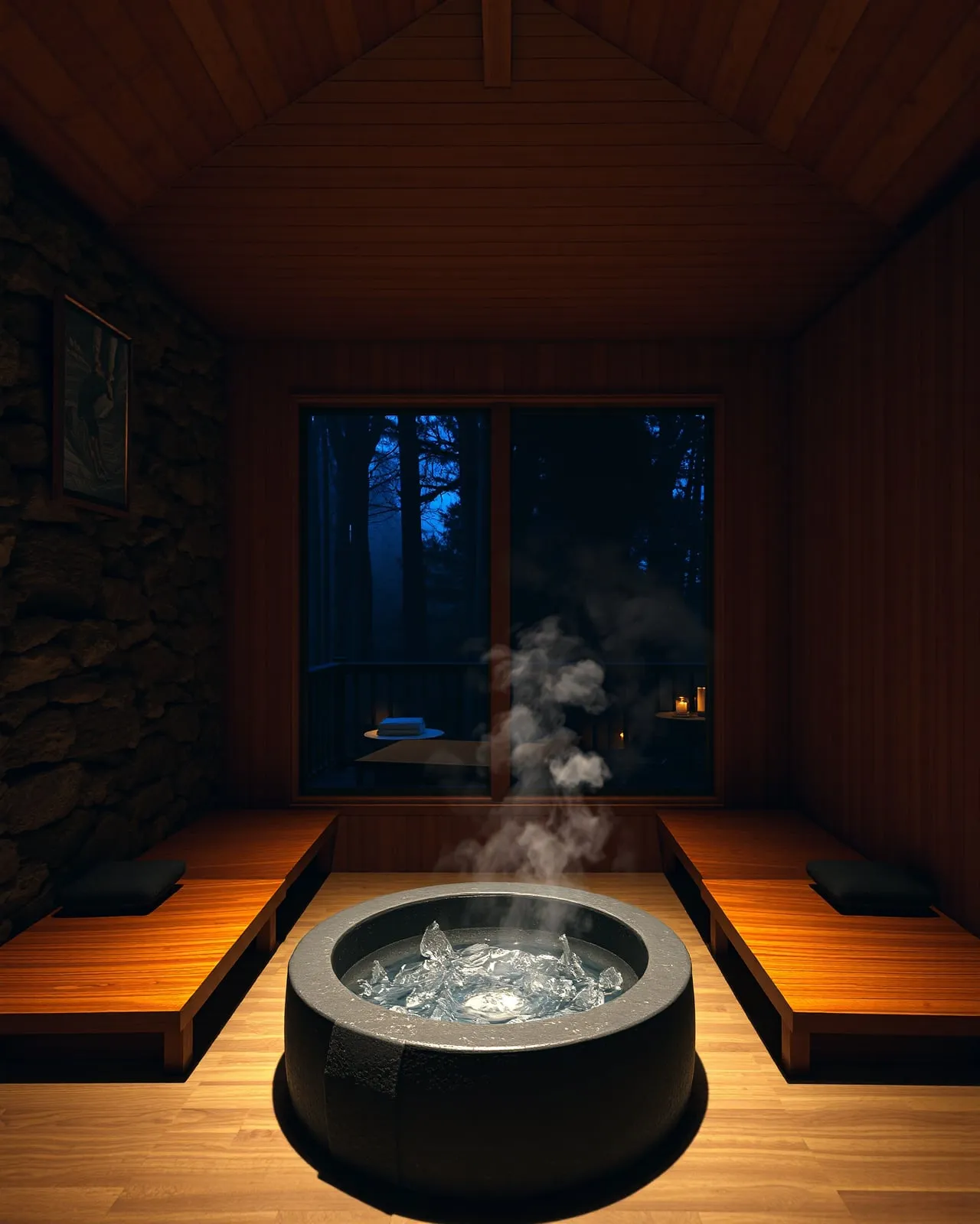A detached spa-pavilion relaxation lounge in Litchfield County — a rough fieldstone wall, cedar-slatted ceiling, a dark stone cold plunge in the foreground, and a tall window onto dark forest, lit by candlelight and faint steam