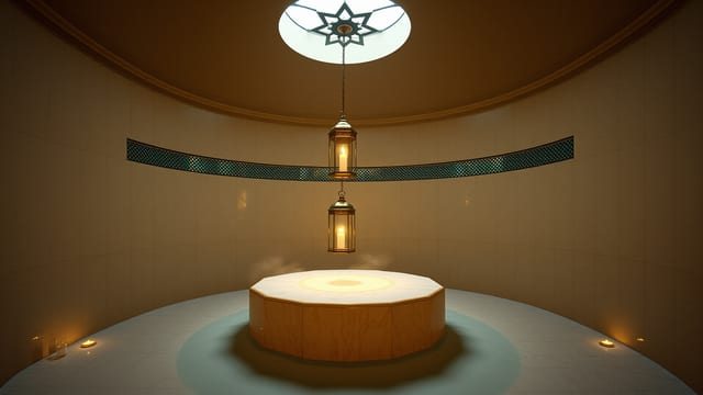 A candlelit hammam at dusk — central marble platform, brass star skylight, jewel-teal mosaic banding
