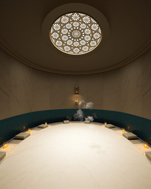A Carrara marble göbek taşı under a five-centered dome on the 38th floor of a pre-war Manhattan tower, brass star skylight scattering candlelight across jewel-teal mosaic banding
